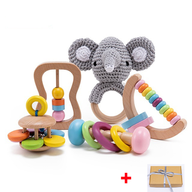 Let's Make Baby Bath Toy Set Double Sided Cotton Blanket Wooden Rattle Bracelet Crochet Toys Baby Birth Gift Products For Kids