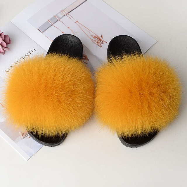 Women Summer Fluffy Fur Slippers Flat Non-slip Solid Real Furry Fur Slides Platform Shoes Plush Fur Sandals Flip Flops Women