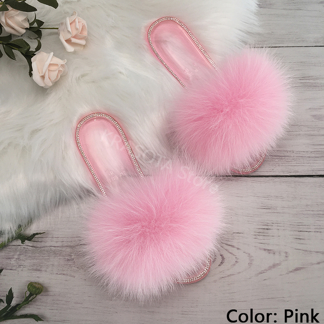 fluffy slippers women real fur home slides summer crystal rhinestones shoes for women flip flops with fur jelly sandals women