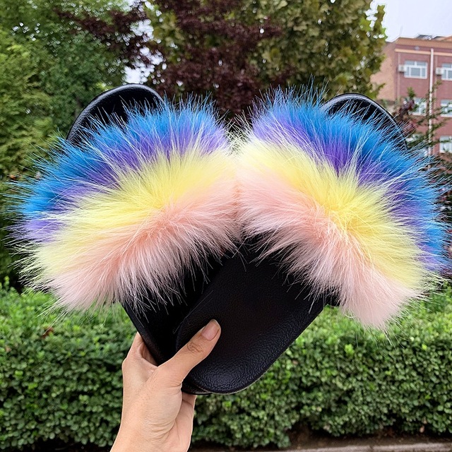 Fashion designer luxury ladies furry fur slippers colorful sandals rainbow shoes for women