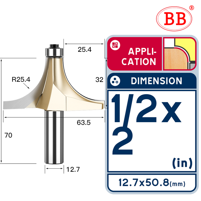 BB Corner Rounding Router Bit Concave Milling Cutter with Parallel Shank 1/2 1/4 Inch Woodworking Tool Round Edge Trimmer