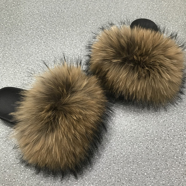 Genuine Fluffy Fur Slippers Women Summer Indoor Flip Flops Fur Sandals Slides Ladies Home Furry Plush Shoes Woman Fur Slides