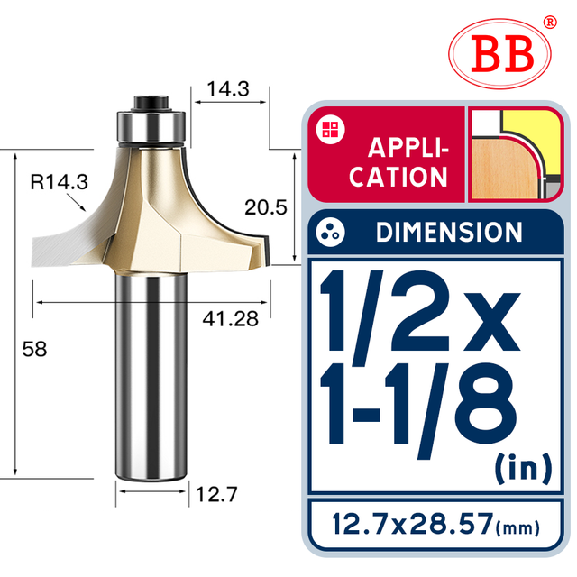 BB Corner Rounding Router Bit Concave Milling Cutter with Parallel Shank 1/2 1/4 Inch Woodworking Tool Round Edge Trimmer