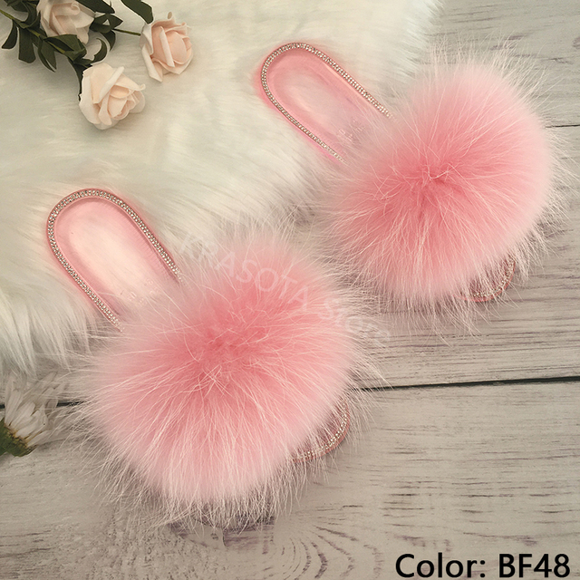 fluffy slippers women real fur home slides summer crystal rhinestones shoes for women flip flops with fur jelly sandals women