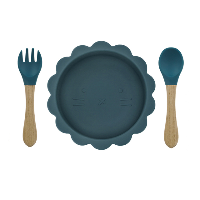 Cute silicone bowl children's complementary tableware food bowl BPA-free waterproof tableware plate wooden spoon silicone fork