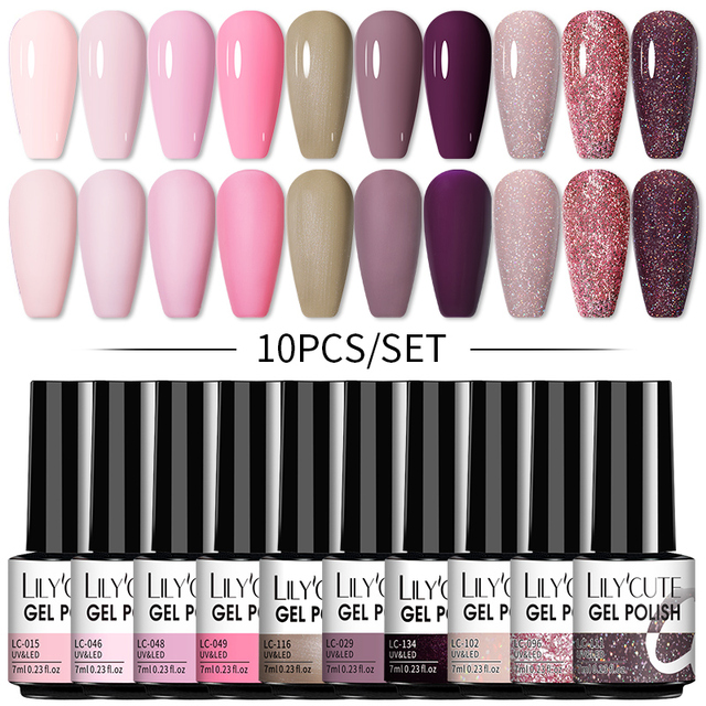 LILYCUTE 10pcs Gel Nail Polish Set With UV Lamp Nude Gel Semi Permanent Hybrid Varnish Base Top Coat Soak Off UV LED Nail Art