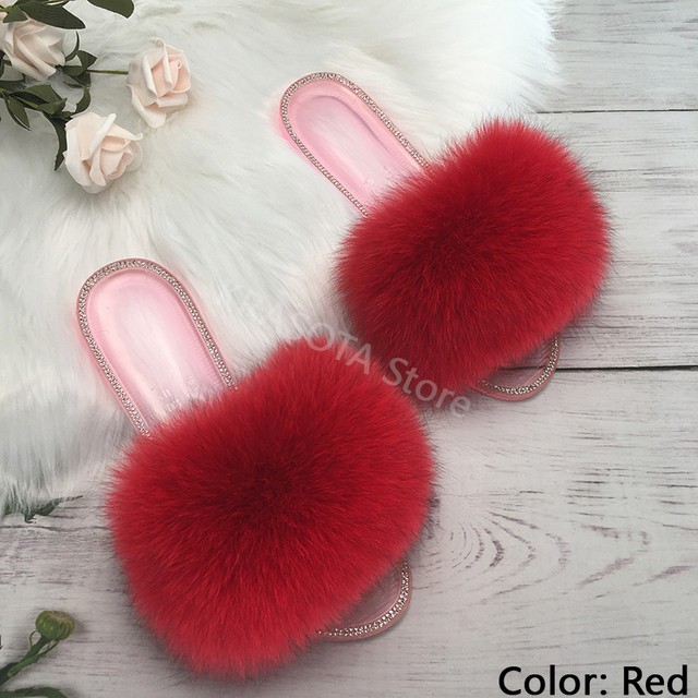 fluffy slippers women real fur home slides summer crystal rhinestones shoes for women flip flops with fur jelly sandals women