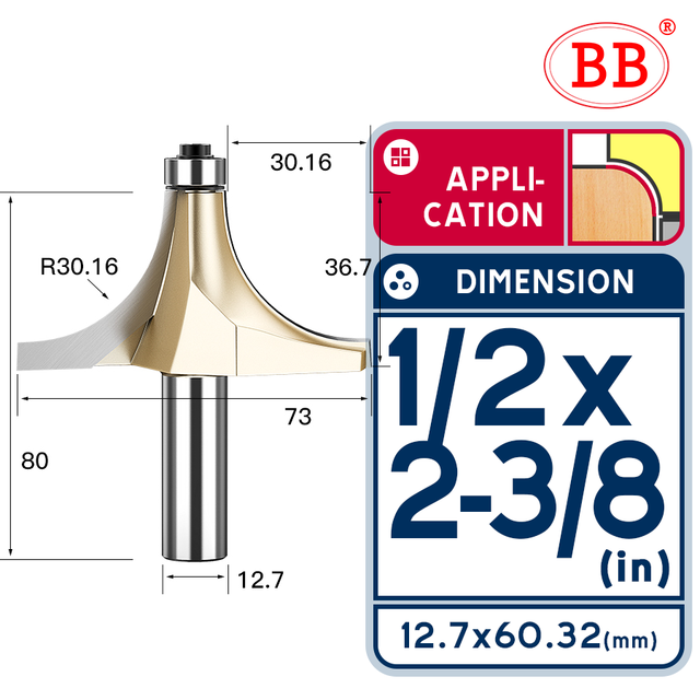 BB Corner Rounding Router Bit Concave Milling Cutter with Parallel Shank 1/2 1/4 Inch Woodworking Tool Round Edge Trimmer