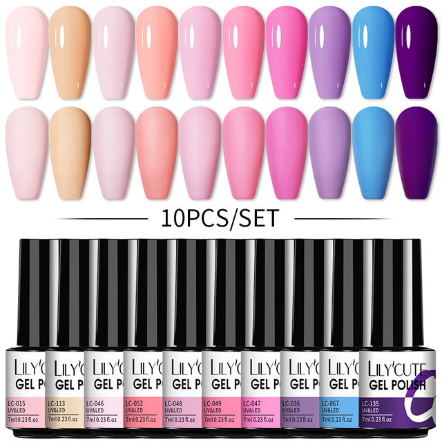 LILYCUTE 10pcs Gel Nail Polish Set With UV Lamp Nude Gel Semi Permanent Hybrid Varnish Base Top Coat Soak Off UV LED Nail Art