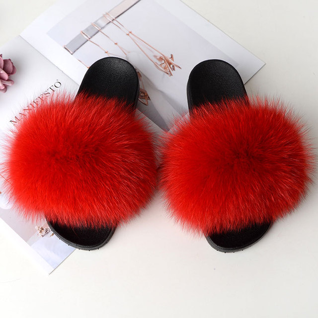 Women Summer Fluffy Fur Slippers Flat Non-slip Solid Real Furry Fur Slides Platform Shoes Plush Fur Sandals Flip Flops Women