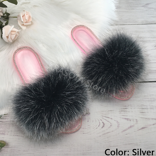 fluffy slippers women real fur home slides summer crystal rhinestones shoes for women flip flops with fur jelly sandals women