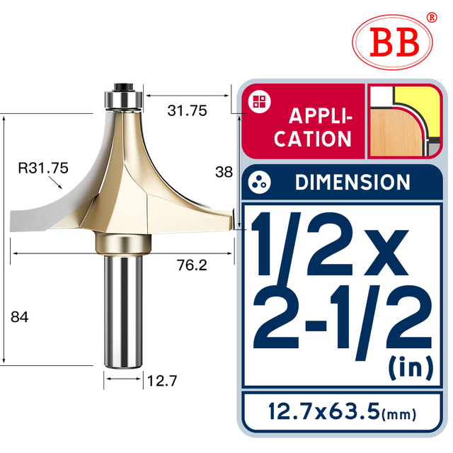 BB Corner Rounding Router Bit Concave Milling Cutter with Parallel Shank 1/2 1/4 Inch Woodworking Tool Round Edge Trimmer