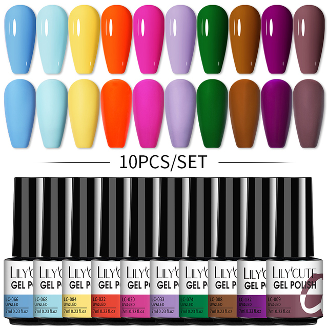 LILYCUTE 10pcs Gel Nail Polish Set With UV Lamp Nude Gel Semi Permanent Hybrid Varnish Base Top Coat Soak Off UV LED Nail Art