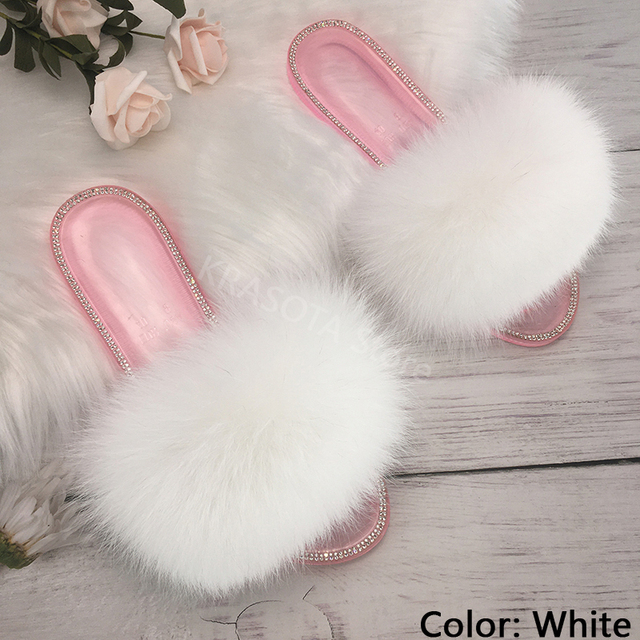 fluffy slippers women real fur home slides summer crystal rhinestones shoes for women flip flops with fur jelly sandals women