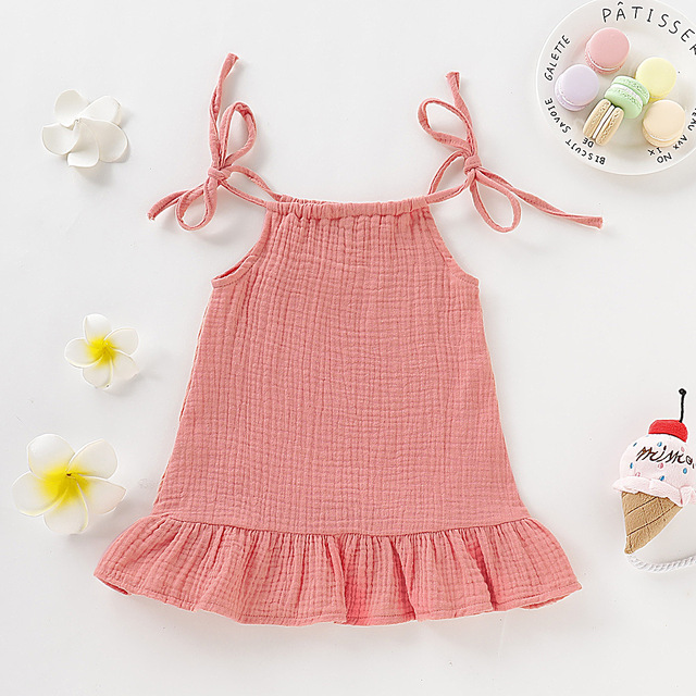 Baby Girls Summer Sleeveless Ruffles Dress Cotton Linen Fabric Kids Sheer Clothes