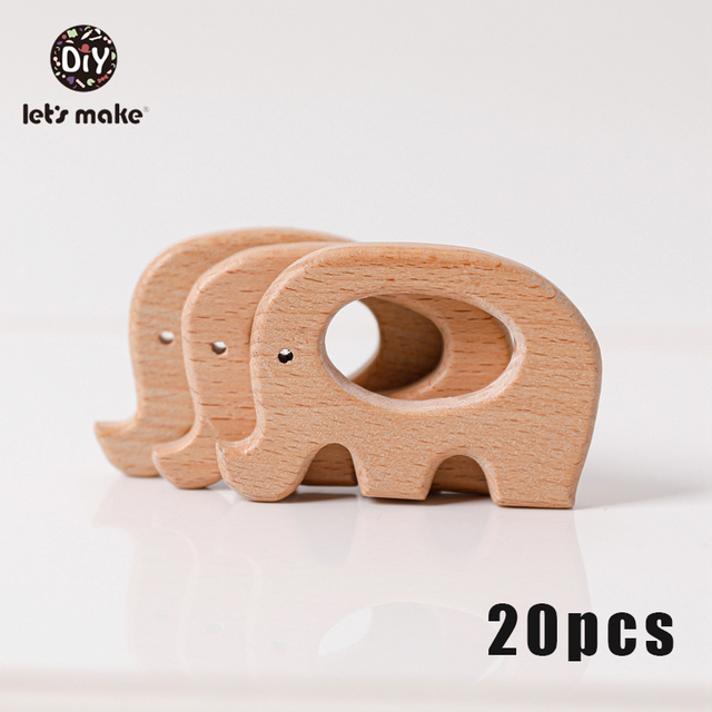 Let's Make 20pcs Wooden Teeth Natural Beech Wood Animal Wholesale DIY Bracelet Chain Accessories New Born BPA Free Elephant