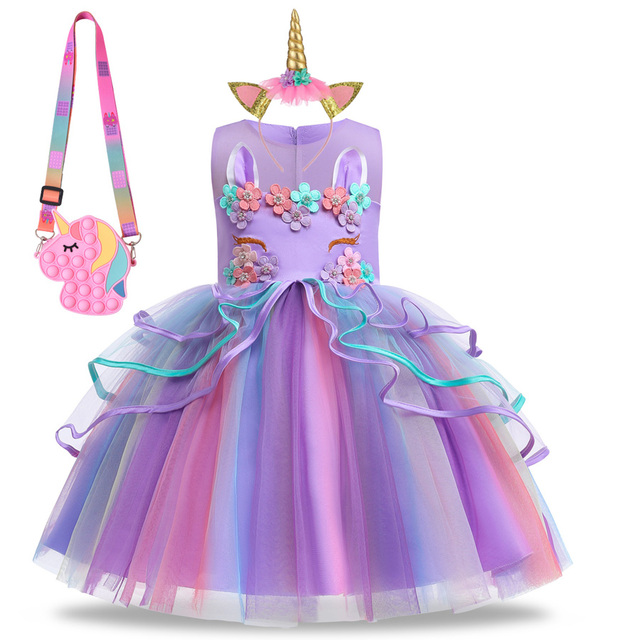 Summer Dress Girl Unicorn Cosplay Costume Children's Day Mesh Rainbow Tulle Princess Dress for Birthday Gift Kids Fashion Dress