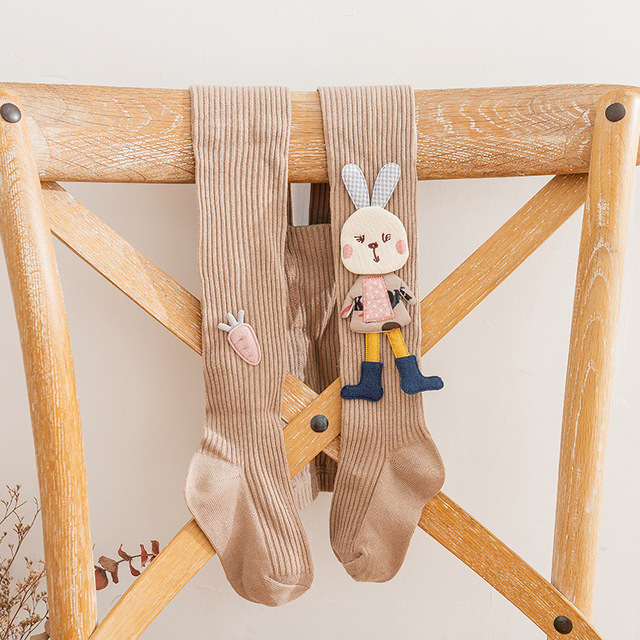 Cotton Tights for Girls Cute Cartoon Rabbit Children Pantyhose Soft Knitted Kids Tights Ribbed Striped Kids Stockings 3-12 Years