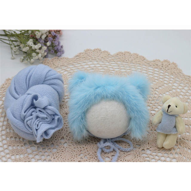 3pcs/set Newborn Infant Photography Wraps Knitted Baby Boys Girls Photo Props Faux Fur Hat Sturdy Stretch Blanket Bear Doll