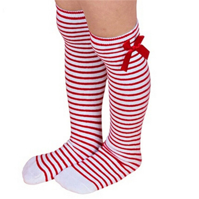 Kids Winter Warm Knee High Christmas Stockings Girls Striped Boot Bowknot Stocking White Black Gray Christmas Gifts Stocking