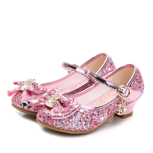 ULKNN-Girls Princess Leather Shoes Casual Floral Sequin High Heel Butterfly Bowknot Shoes Blue Pink Silver