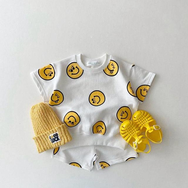 2021 Summer New Cotton Baby Clothes Set Boys and Girls Cute Smiley Print Tops + Shorts 2pcs Kids Children Clothing Suit