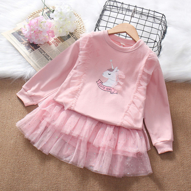 2022 spring new little girls clothes pink clothing set cartoon unicorn long sleeve T-shirt skirt 2 two-piece outfits