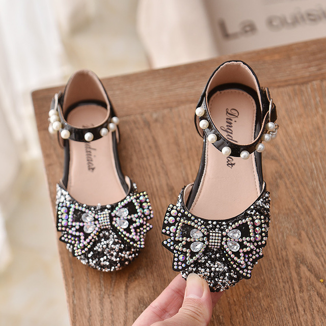 Girls Sequins Lace Bow Kids Shoes Girls Cute Pearl Princess Dance Single Casual Shoes 2021 New Children Party Wedding Shoes