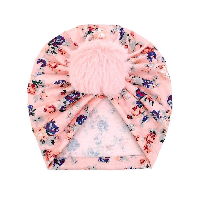 Cute Faux Fur Ball Baby Kids Turban Hat Floral Print Infant Headdress