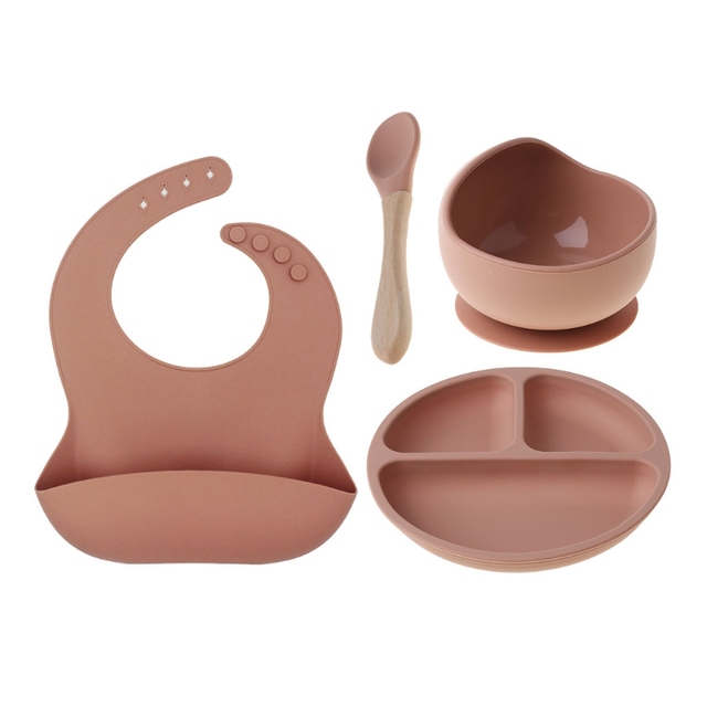 4pcs/set BPA Free Baby Silicone Tableware Waterproof Bib Solid Color Dinner Plate Lollipop Bowl and Spoon for Kids