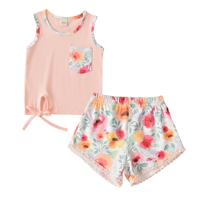 Summer Casual Cool Suits Home Wear 1-4 Years Kids Girl Clothes Set Girls Tracksuit Outfit Sleeveless Tank Top Shorts Set