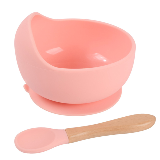 Baby Silicone Bowl Feeding Tableware Children Suction Bowl Plate Wooden Handle Silicone Spoon Dish Set For Baby Kitchen Utensils