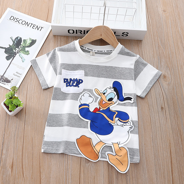 Summer Daisy Donald Duck Short Sleeve T-shirt Fashion Striped T-Shirt For Little Girls Cute T-shirt Toddler Kids Boys Clothes