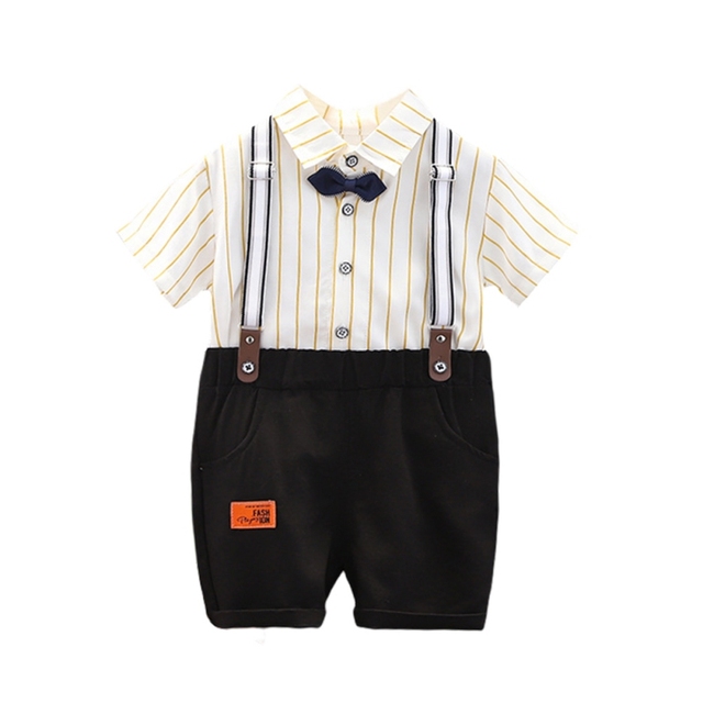 Summer Kids Boys Striped Shirt Straps Shorts Baby Boy Clothing Sets Short Sleeve Genetleman Suit 1-4 Years For Baby