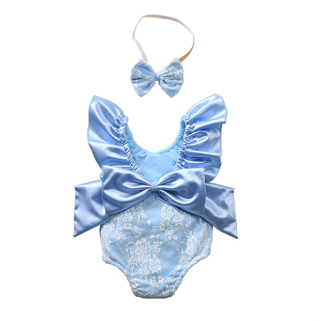 2022 Cute Ruffled Girls Swimwear With Bow Headband Kids Backless Bathing Suit Kids Beachwear