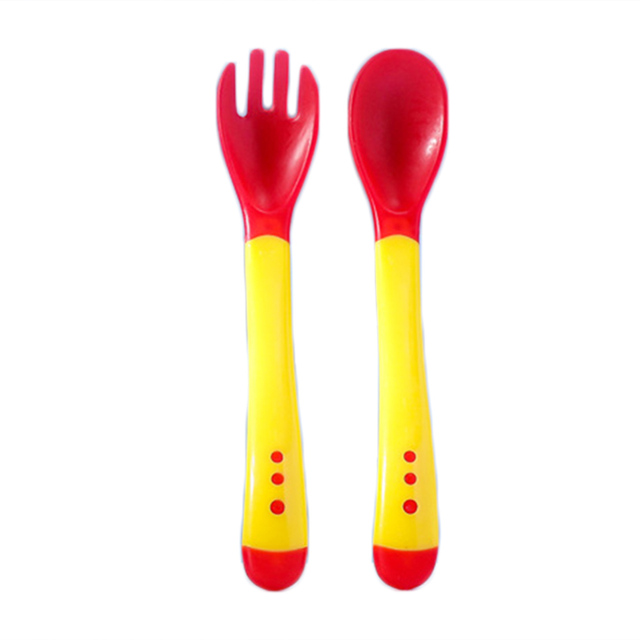 Children spoon and fork baby safety temperature sensor children feeding dishes kitchen spoons for kids