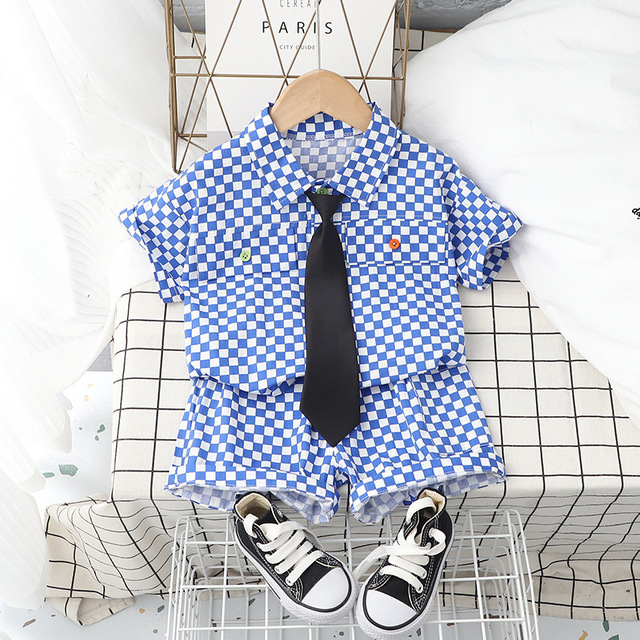 Summer cotton baby boy clothing sets infant birthday formal plaid shirt shorts 2pcs/set causal with tie tracksuit