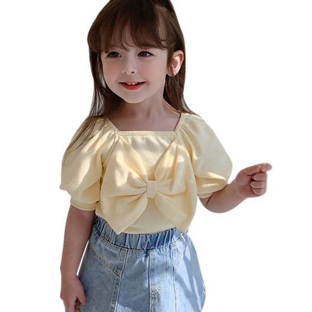 Summer girls cute casual T-shirt baby sweet bubble sleeve princess clothes big bow short sleeve top