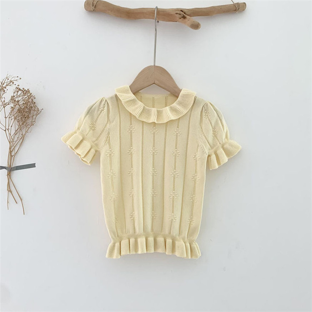 Children Girls Summer Tops Tees Girls Knitted Thin Cotton T-shirt Lovely Vintage Puff Sleeve Tops For Baby Girl