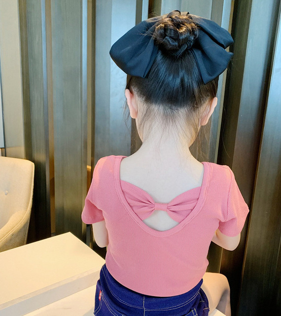 Girls T-shirt Kids Short Sleeve Back Bow-knot Baby Cotton Shirt Clothes 2022 Summer Chilren Hot Color Surface Tees