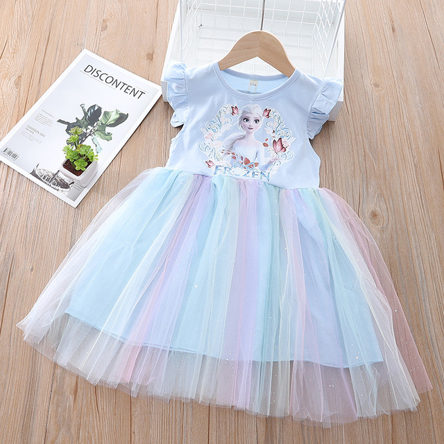 Summer Kids Dresses For Girls Frozen Elsa Princess Mesh Dress Fashion Korean Toddler Children Party Costume For Birthday Clothes