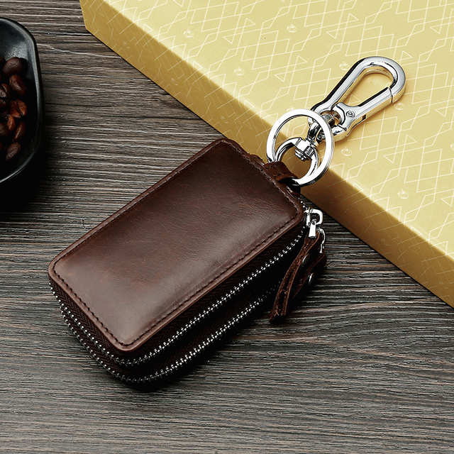 DIDE Vintage Car Genuine Leather Mini Key Bag Coin Purse Wallets Men Women Keys Organizer Keychain Double Zipper Key Cover