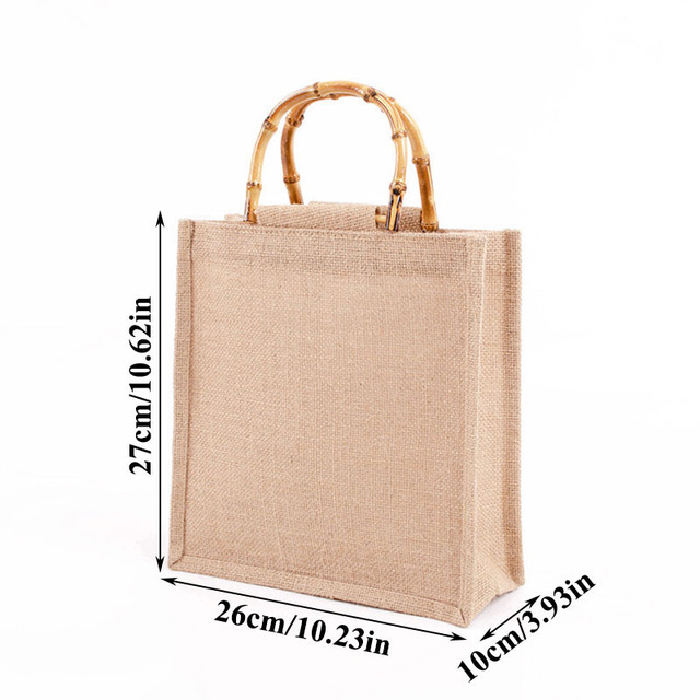 Portable Burlap Shopping Bag Jute Handbag Bamboo Ring Retro Carry Handles DIY Handbag Women Large Size Beach Bag for Girls