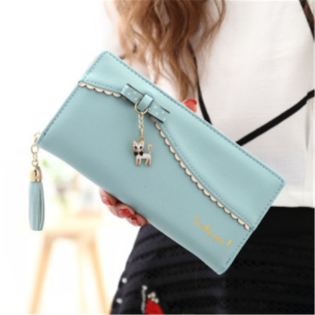 PU long wallet leather wallet women card holder purse sweet bow cute cat pendant tassel ladies clutch phone money coin bag portemonny