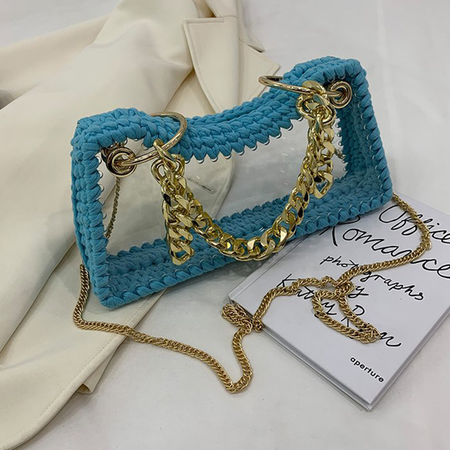 Women Hand Woven Bags Summer Clear Waterproof Chain Shoulder Crossbody Bag Female Trend Transparent Handbags Messenger Bag