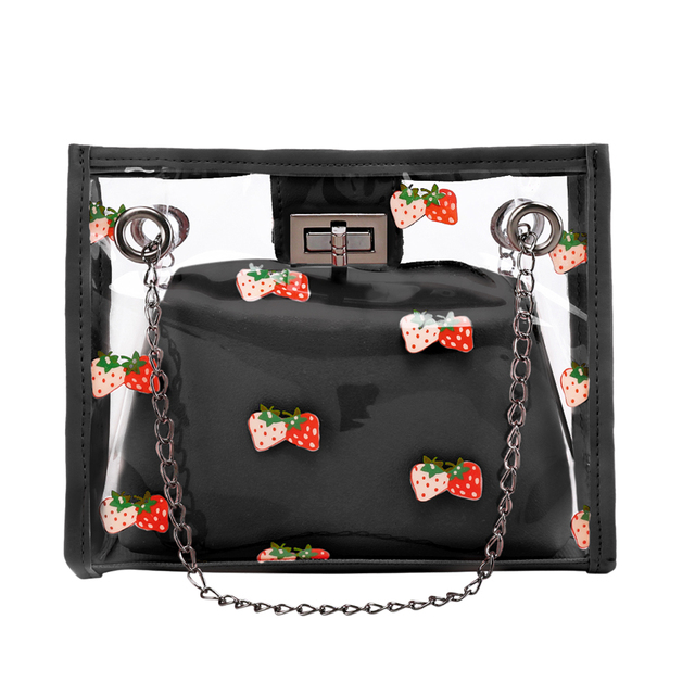 2022 Fashion Women Transparent Sweet Strawberry Pattern Clutches Shoulder Bag Chain Block Color Messenger Handbag Composite Tote