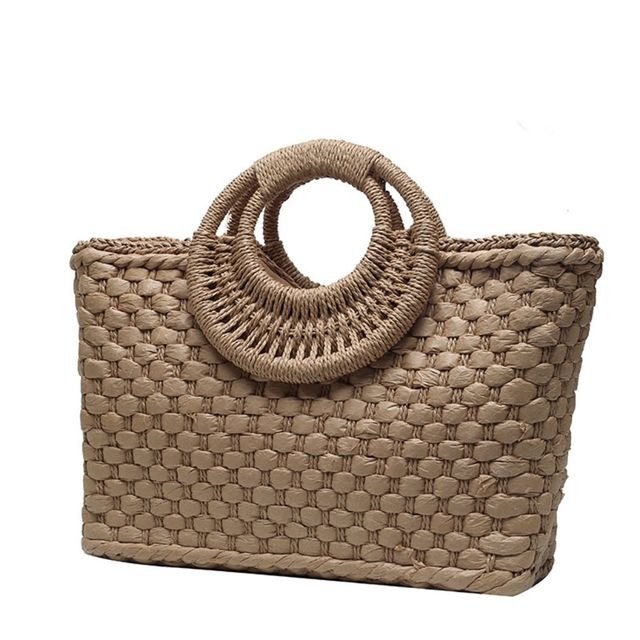 bohemian women summer beach woven straw handbag with round top handle travel vacation weave zipper large top basket bag