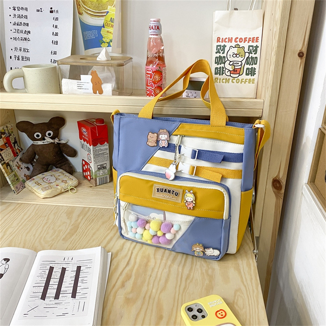 Kawaii Large Capacity Tote Bags Trendy Nylon Patchwork Shoulder School Book Bag For Teen Girls Fashion Student Crossbody Bag Sac