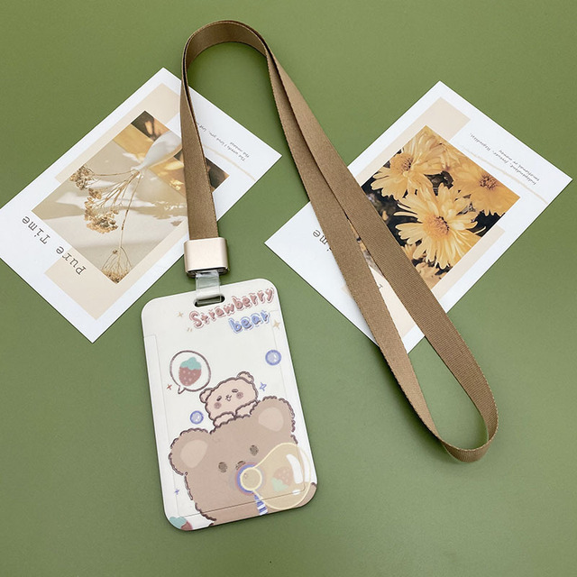 New Cute Cartoon Flocking Bear ID Credit Bank Card Holder Student Keychain Bus Card Case ID Badge Cover Women Men Pendants