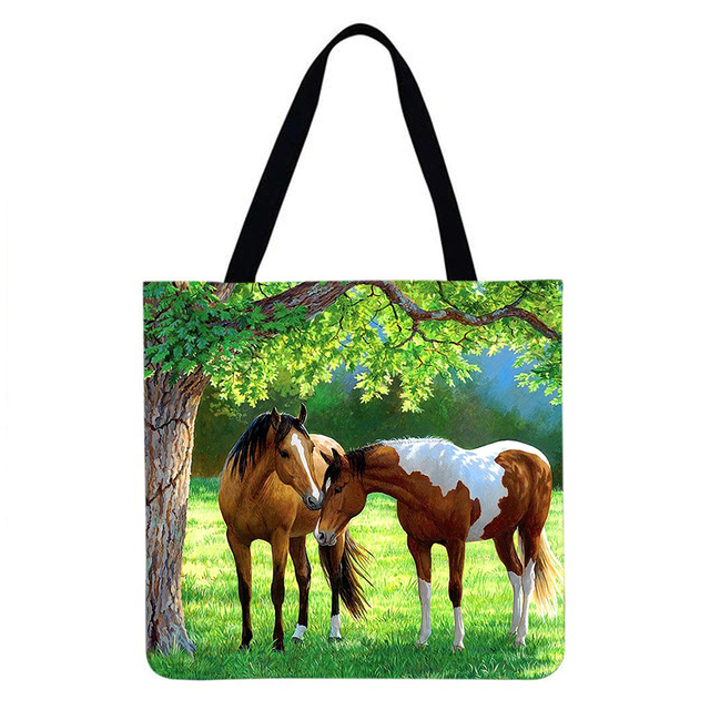 Reusable Linen Shopping Bags Casual Ladies Animal Horse Printed Pattern Tote Square Large Capacity Storage Bag